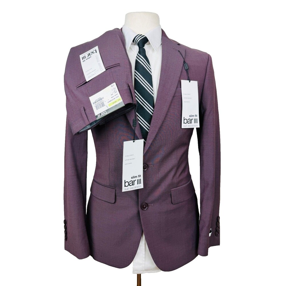 $600 NEW BAR III MENS 36S SOLID PLUM SLIM 2 PIECE SUIT WITH DRESS PANTS 30X32